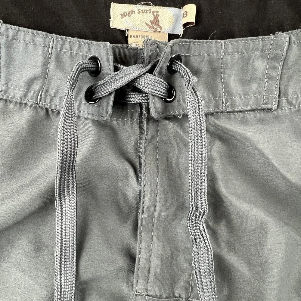 High Surf Board Shorts 38 Gray Black Flap Pocket Men Lace Up Swim Trunks Y2K